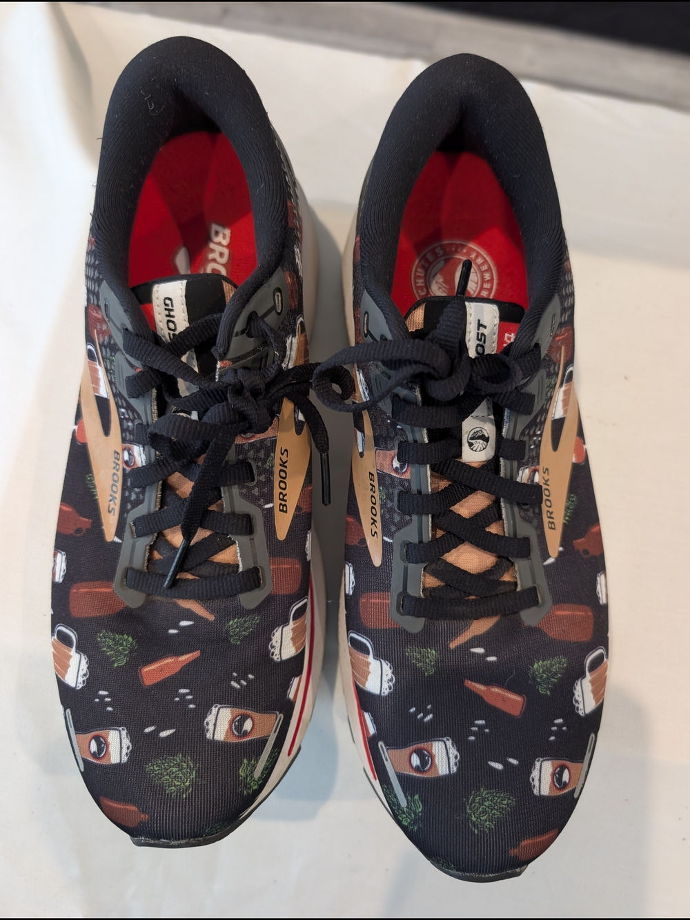 Brooks Ghost Beer Sneakers with Beer Bottle, Mugs Print and Red Lining - Picture 1 of 6